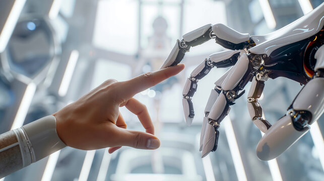 A person touching a robot's hand with a finger
