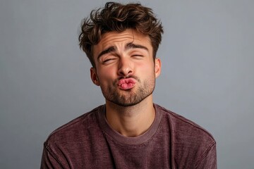 Obraz premium Close-up portrait of a young man puckering his lips for a kiss