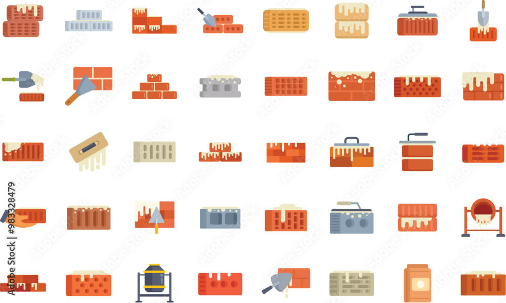 Poster bricklaying tools and process with different types of bricks and steps