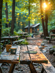 A wooden picnic table with a cup of coffee on it