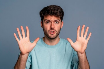 Naklejka premium Young Man with Shocked Expression, Holding Out Both Hands