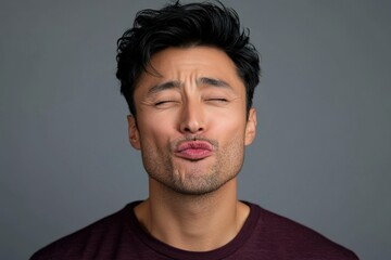 Fototapeta premium A Man With Dark Hair Pouting His Lips With Eyes Closed