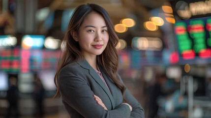 Fototapeta premium Confident businesswoman standing in modern stock exchange with digital trading screens 