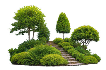 Green park landscape with ornamental trees, lush bushes, and stone steps isolated on transparent background, perfect for gardening, landscape architecture, outdoor decor, nature elements Generative AI