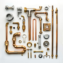 Obraz premium A bunch of different types of plumbing pipes and fittings on a white surface