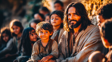 Fototapeta premium Serene Teacher Smiling with Diverse Group of Children in Historical Garb