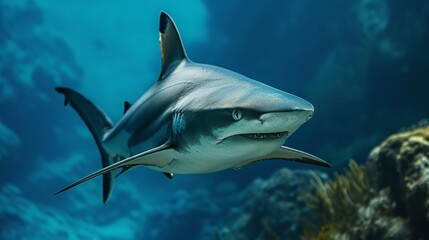 A close-up of a shark swimming in blue water.