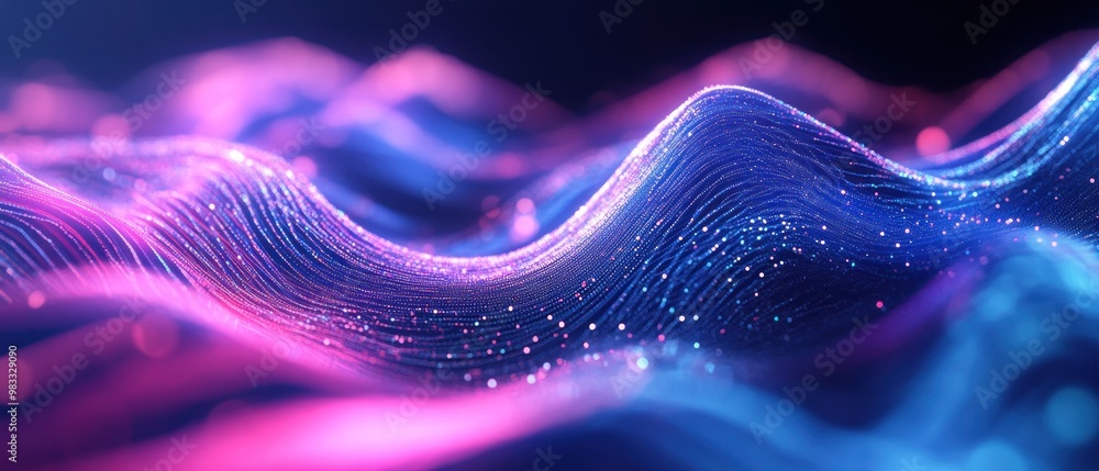 Poster futuristic technology background with flowing digital waves of glowing dots and lines. technology ba