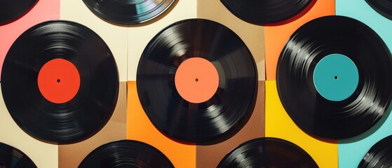 Various Retro vintage vinyl records background.