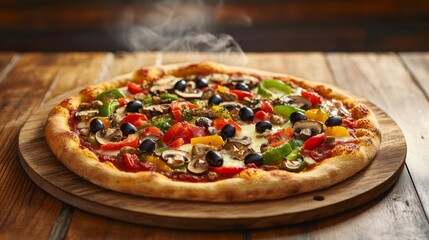 Delicious Hot Vegetable Pizza on Wooden Platter