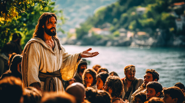 Serene Biblical Figure Preaching to a Gathered Crowd by the Riverside