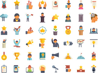 This set of icons shows businessmen and businesswomen achieving career goals and getting recognition for their hard work