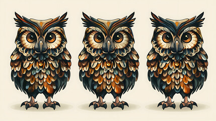 Fototapeta premium Three cartoon owls with intricate feathers and a small golden bell.