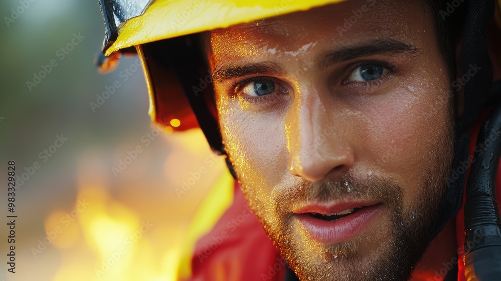 Canvas Prints A close up of a man in fireman gear with his helmet on, AI