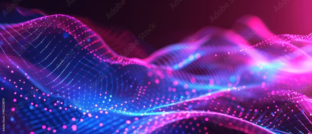 Poster futuristic technology background with flowing digital waves of glowing dots and lines.