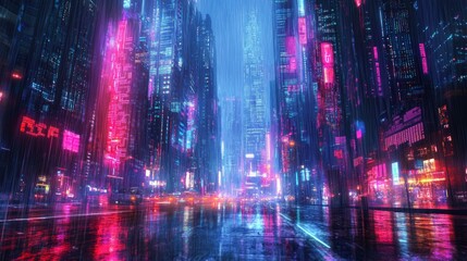 Vibrant Neon Cityscape at Night in Rainy Atmosphere