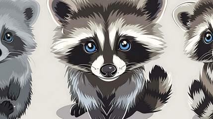 Cute cartoon raccoons with big blue eyes.