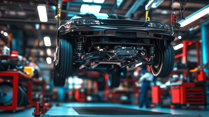 Obraz premium A car is being serviced with its undercarriage exposed in a modern automotive repair shop. High-quality equipment and tools are visible.