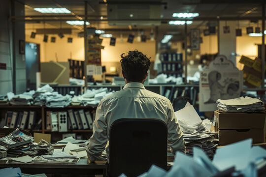 A man sitting at a desk in an office surrounded by piles of papers