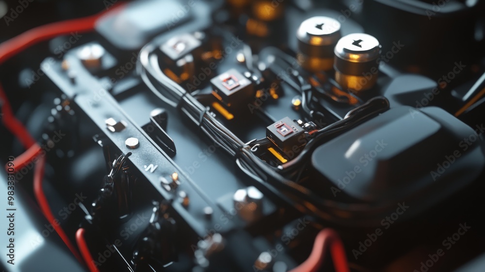 Poster close-up image of a car engine with intricate details, showcasing mechanical components and wiring.