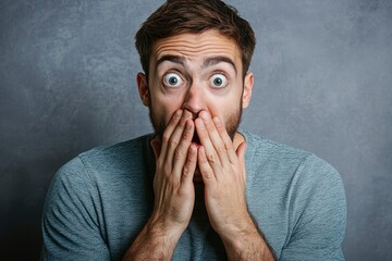 Shocked Man Covering Mouth With Hands, Wide Eyes, Grey Background