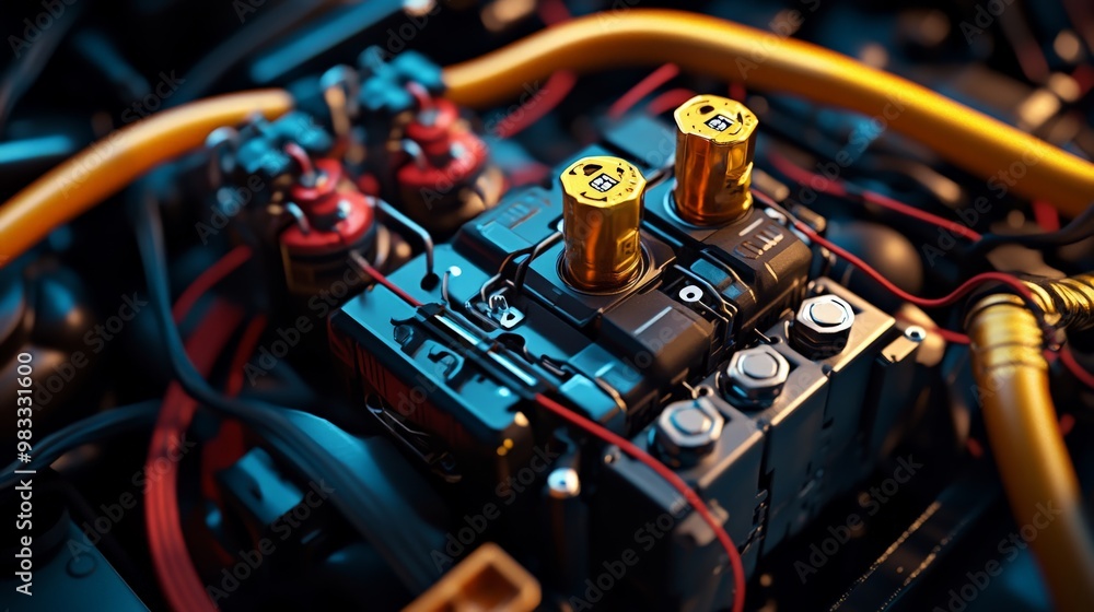 Poster close-up of a car engine featuring intricate wiring and components, showcasing mechanical and engine