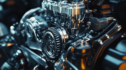 Fototapeta premium Close-up of a car engine with intricate details and shiny metal parts, showcasing mechanical engineering and automotive technology.
