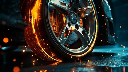 Close-up of a car tire with glowing, fiery edges and sparks flying, creating a dynamic and intense scene.