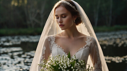 bride in the park,Modern hairstyle  , looking down brightly, Wedding in the garden Throw it over your head 