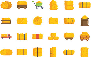 This set of icons shows hay bales being harvested, stored, and transported in different ways © anatolir