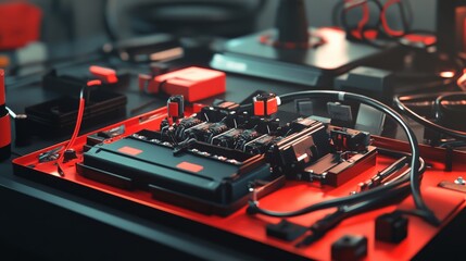 Close-up of a computer motherboard on a cluttered desk with various electronic components and tools, highlighted in vibrant lighting.