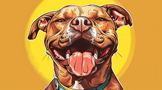 A friendly pit bull dog with a big smile and tongue sticking out.