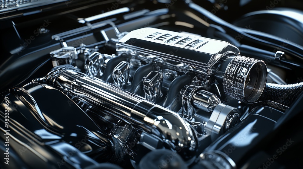 Poster close-up of a high-performance car engine showing intricate details and polished components, housed 