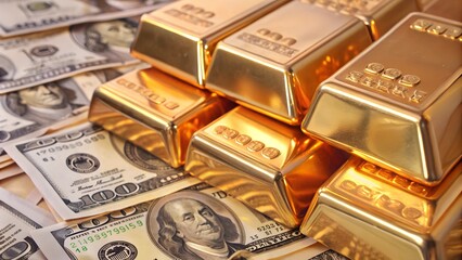 Pile of gold bars and US dollar bills symbolizing wealth, investment, and financial security
