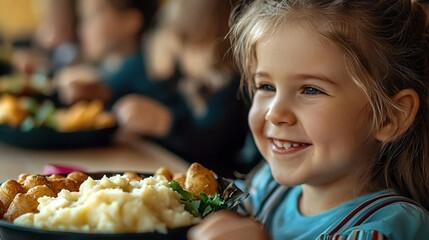 Naklejka premium Happy children at school eat mashed potatoes, cutlets and salads