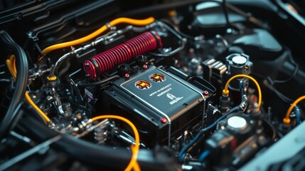Close-up of a high-performance car engine with yellow wires in a modern vehicle. Detailed parts and technology.
