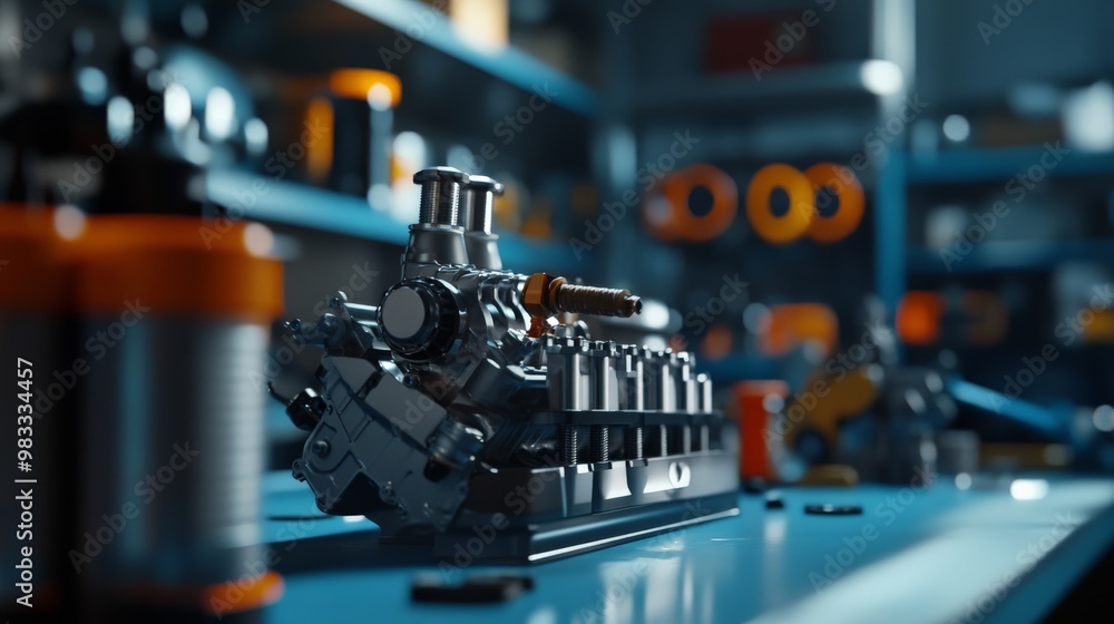 Poster close-up of a mechanical engine part in a well-equipped modern workshop, with blurred tools and comp