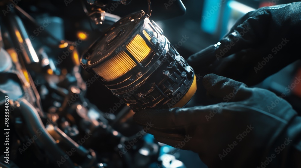 Poster close-up of a mechanic's hands changing an oil filter in a car engine, emphasizing precision and exp