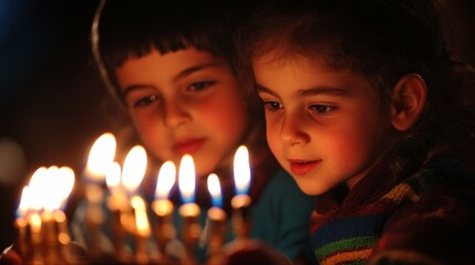 Children Gazing at Lit Candles in a Dark Room