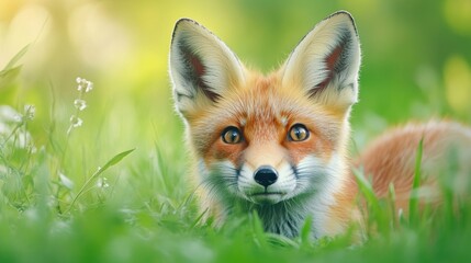 Obraz premium A close up of a fox in the grass with flowers, AI