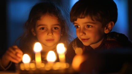 Two children looking at candles in the dark
