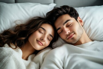 A young couple sleeping peacefully in bed, cuddling closely.