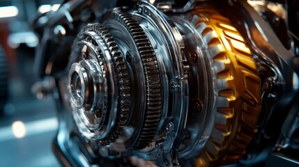 Fototapeta premium Close-up of a metal gear mechanism with intricate details and reflections, showcasing engineering and precision in mechanical components.