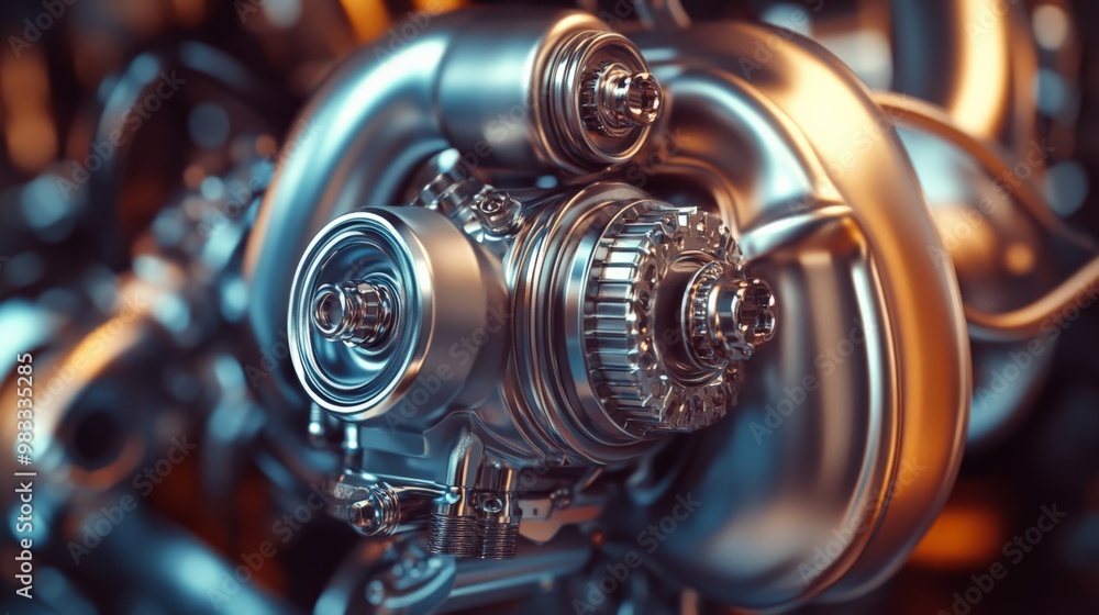 Poster close-up of a metallic engine component, showcasing intricate details and engineering precision with