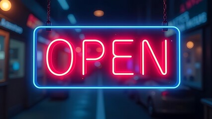 sign with glowing neon text in the center "Open" below it on a blurred digital background