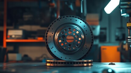 Close-up of a metallic automotive brake rotor in a workshop setting, showcasing its precision engineering and design.