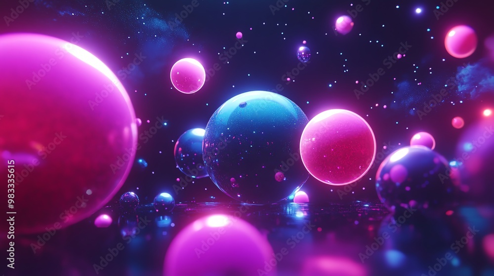 Aufkleber abstract 3d rendering of colorful spheres floating in a dark, starry space.