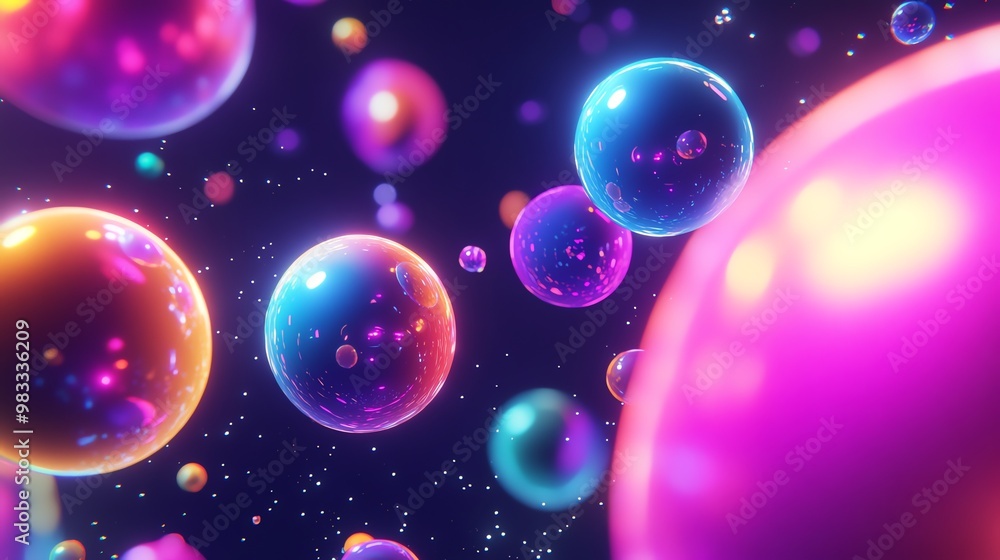 Poster abstract background with colorful glowing spheres floating in space.