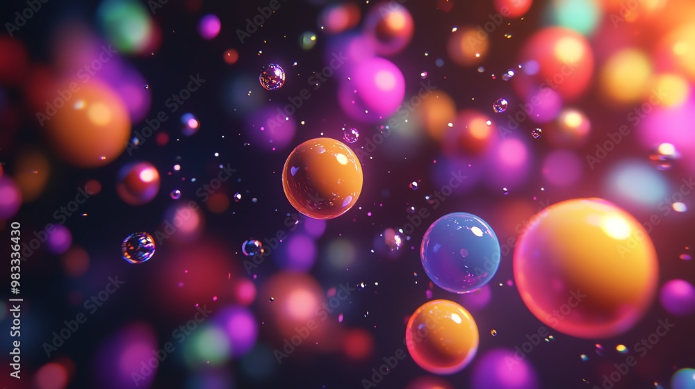Poster abstract colorful spheres floating in a dark background.