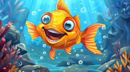 Fototapeta premium A cartoon goldfish with a big smile swims in an underwater scene.